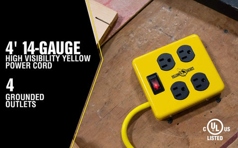 Heavy Duty Metal Power Block With Four Grounded Outlets, Lighted Switch, Four Foot Yellow Cord, 14 Gauge, Built In 15 Amp Circuit Breaker For Rugged Workshop Use shown on a wooden surface