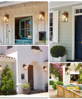 Collage of Dope Matte Black Outdoor Wall Light With Clear Glass Shade on various house exteriors, showcasing front porch and entryway lighting.