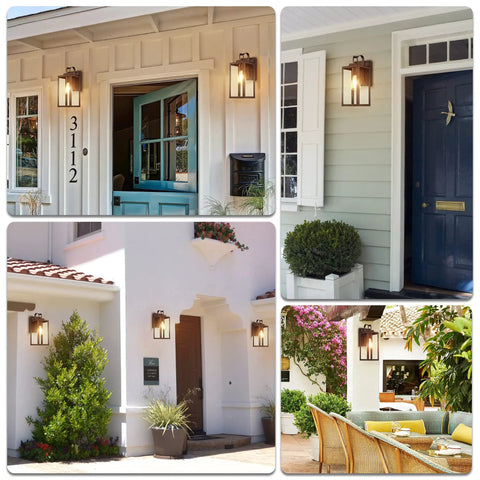 Collage of Dope Matte Black Outdoor Wall Light With Clear Glass Shade on various house exteriors, showcasing front porch and entryway lighting.