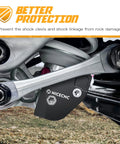 Beefy Aluminum Linkage Guard For Motorcycle Shock Linkage And Clevis Protection Off Road Trail Shield To Defend Against Rocks Logs And Debris Easy Bolt On Mount CNC Machined Durability, black CNC aluminum on bike linkage