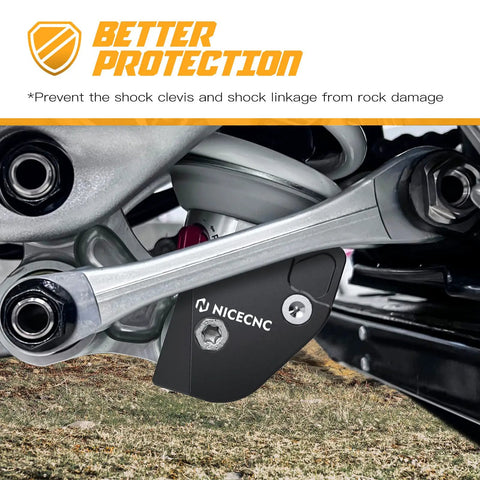 Beefy Aluminum Linkage Guard For Motorcycle Shock Linkage And Clevis Protection Off Road Trail Shield To Defend Against Rocks Logs And Debris Easy Bolt On Mount CNC Machined Durability, black CNC aluminum on bike linkage