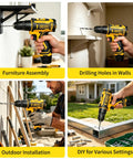 12V Cordless Drill With Rechargeable Battery And Fast Charger Three Eighth Inch Keyless Chuck Lightweight Power Tool In Yellow used for furniture assembly and drilling.
