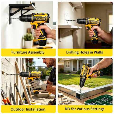 12V Cordless Drill With Rechargeable Battery And Fast Charger Three Eighth Inch Keyless Chuck Lightweight Power Tool In Yellow used for furniture assembly and drilling.