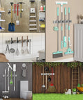 Wall Mount Mop Broom Organizer Rack with Four Slots and Four Hooks, various uses in home, kitchen, garage for organized storage