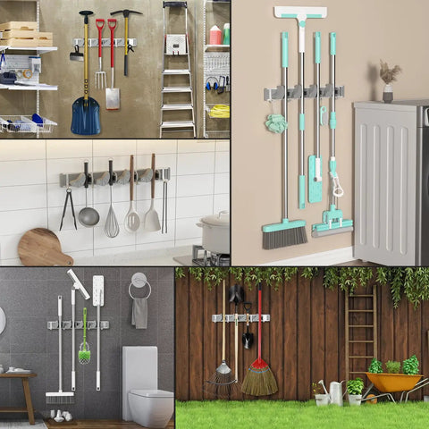 Wall Mount Mop Broom Organizer Rack with Four Slots and Four Hooks, various uses in home, kitchen, garage for organized storage