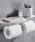 Double Toilet Paper Holder With Shelf and Phone Storage, wall mount, brushed nickel, holding two rolls and phone on shelf