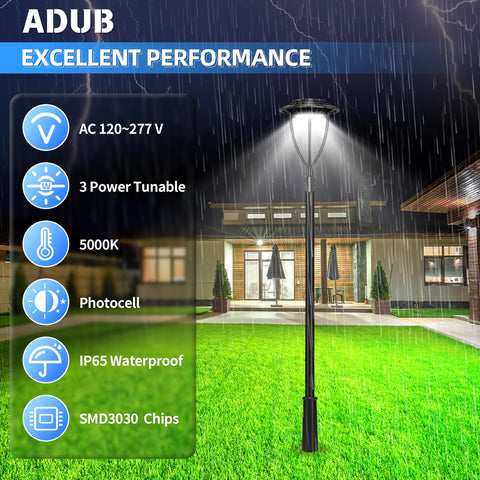 LED Post Light With Adjustable Wattage 60W 48W 36W ETL 5000K Photocell IP65 Outdoor Pole Lighting in rainy night scene