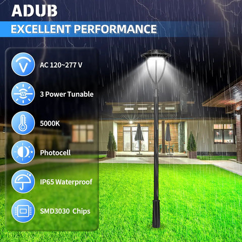 Beast Mode Bright Adjustable 60W 80W 100W LED Post Top Light With Photocell illuminating a wet outdoor yard, IP65 waterproof.