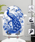 Elongated Chinoiserie Blue Peacock Floral Design Traditional Toilet Seat with metal links and easy-to-install feature.