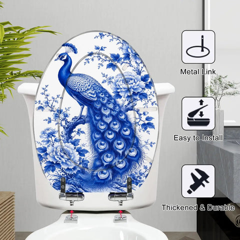 Elongated Chinoiserie Blue Peacock Floral Design Traditional Toilet Seat with metal links and easy-to-install feature.