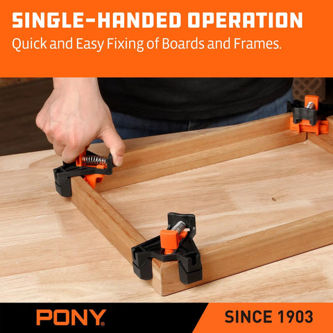 Person using Four Pack Right Angle Woodworking Clamps With Adjustable Jaw For 90 Degree Corners to hold frame on table
