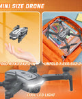 Mini Foldable FPV Drone With 1080P Camera for Kids and Adults, shown folded in hand and unfolded in bag with LED light detail.