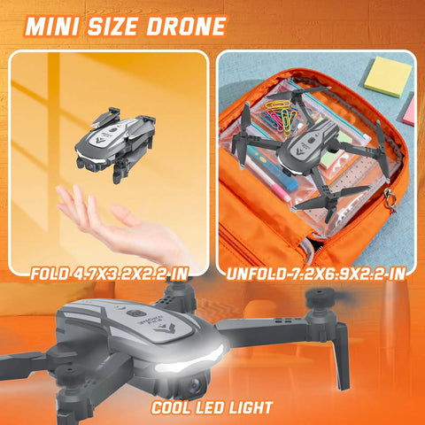 Mini Foldable FPV Drone With 1080P Camera for Kids and Adults, shown folded in hand and unfolded in bag with LED light detail.