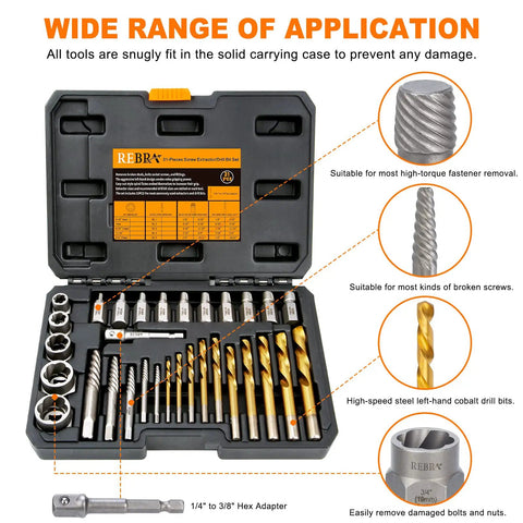 Heavy Duty Screw And Bolt Extractor Kit 31-Piece With Left-Hand Drill Bits 37# Cr-Mo And 6542 HSS Cobalt in case