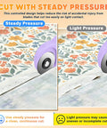 Rotary Cutter For Fabric With 45mm Blades And 5 Extra Replacement Blades shown cutting fabric with steady and light pressure options.