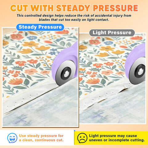 Rotary Cutter For Fabric With 45mm Blades And 5 Extra Replacement Blades shown cutting fabric with steady and light pressure options.