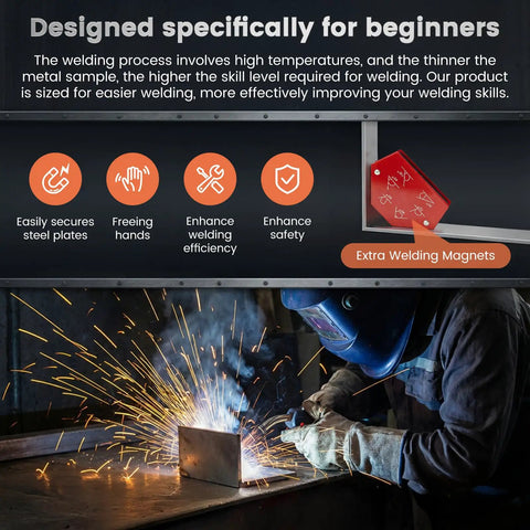 Welding sparks flying as user practices with the 50 Piece Welding Practice Kit With Steel Coupons, Magnetic Clamp, Gloves, And Dice Cube Cuboid Projects For Beginners To Level Up Welding Skills On Real Steel.