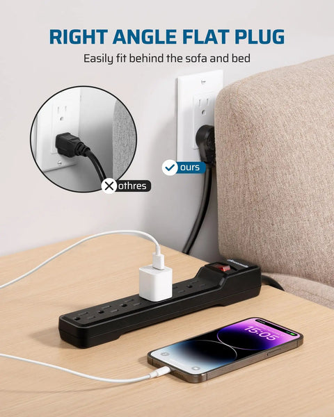 Six Outlet Power Strip Surge Protector With Fifteen Foot Extension Cord Low Profile Flat Plug shown behind couch with phone.