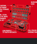 Red blow molded case with 159 Piece Socket Wrench Set With 1/4 3/8 And 1/2 Inch Sockets, 72 Tooth Ratchet, chrome finish visible inside.