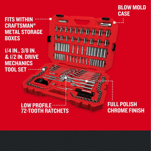 Red blow molded case with 159 Piece Socket Wrench Set With 1/4 3/8 And 1/2 Inch Sockets, 72 Tooth Ratchet, chrome finish visible inside.