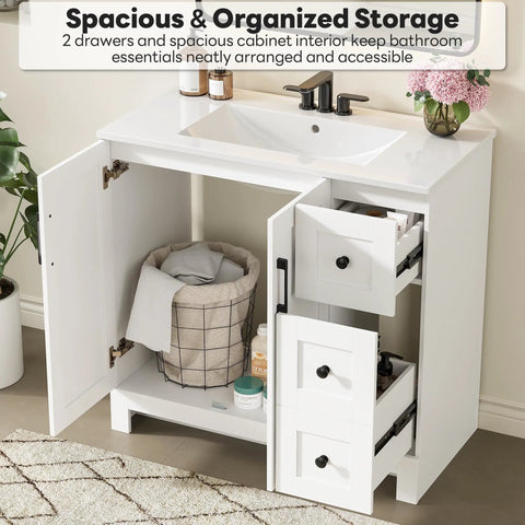 Modern 36 Inch Bathroom Vanity With Integrated Sink And Effortless Soft Close Drawers White Engineered Wood Cabinet showing spacious storage.