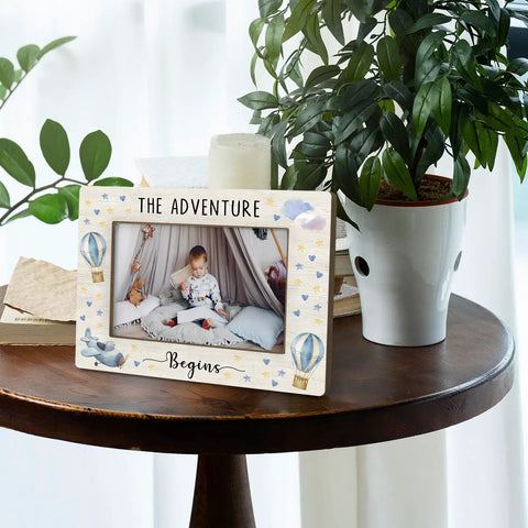 Hot Air Balloon Baby Boy Picture Frame 4x6 Inches, Solid Wood Nursery Decor Gift From Mom, The Adventure Begins Photo Frame on table