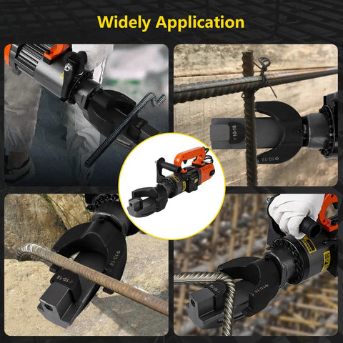 Powerful Handheld Electric Hydraulic Rebar Bender With 1500 Watt Motor used on steel rods for bending at construction site.