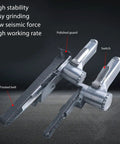 Rock Solid Quarter Inch Pneumatic Belt Sander Hella Durable Stainless Steel Handheld Angle Grinder showing polished guard and frosted belt.