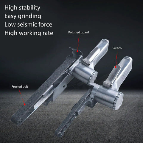 Rock Solid Quarter Inch Pneumatic Belt Sander Hella Durable Stainless Steel Handheld Angle Grinder showing polished guard and frosted belt.