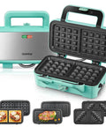 All-In-One Waffle Maker And Panini Press With Removable Plates, 1200W Powerhouse Fast Heating, Blue with indicator lights