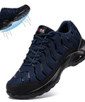 Men's Steel Toe Work Sneakers Lightweight Puncture Resistant Safety Shoes Breathable Slip Resistant All Day Comfort For Job Site Navy Blue Size 10 Durable shown with puncture-resistant sole and steel toe features visible.