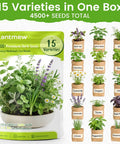15 Pack Herb Seeds Set With 4500 Plus Non GMO Heirloom Seeds For Indoor And Outdoor Gardening Including Kickin Basil Cilantro Rosemary Thyme Dill Sage Oregano And More Culinary And Medicinal Herb Seed Variety Pack featuring 15 varieties in pots with images of herbs like basil, dill, and rosemary.