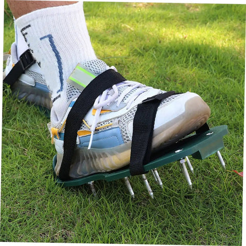 Ten Piece Adjustable Lawn Aerator Shoes Straps Kit With Durable Nylon Garden Spikes worn on sneaker for grass aeration