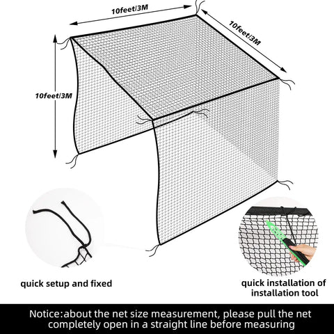 Diagram of 10x10ft Golf Batting Cage With Quick Installation Tool And Rope showing dimensions and quick setup
