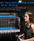 Musician using Six Channel Professional Mixer Console With 320 DSP Effects 7 Band EQ Digital DJ Mixer With USB Bluetooth MP3 Recording Independent 48V Power And Mute Button For Live Gigs And Studio Sessions while singing
