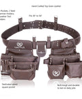 Top Grain Leather Heavy Duty Tool Belt Pouch Bag with Speed Square Pocket for Professionals with ample tool storage shown on display.