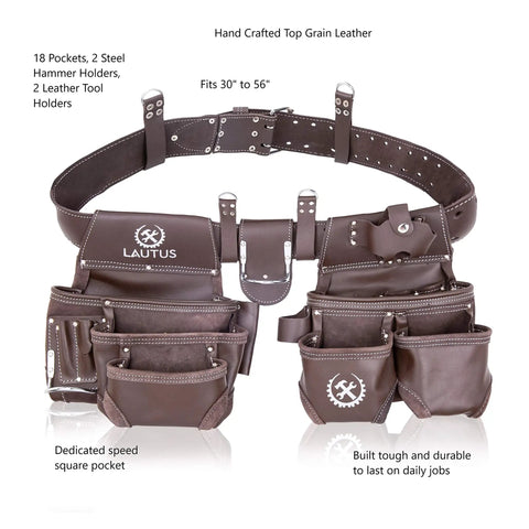 Top Grain Leather Heavy Duty Tool Belt Pouch Bag with Speed Square Pocket for Professionals with ample tool storage shown on display.