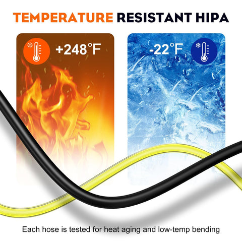 Temperature resistant features of Echo Repower Fuel Line Kit for SRM210 SRM225 Trimmers and Gas Tools, showing heat and cold tests.