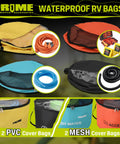4 Pack Waterproof RV Hose Bag Storage Set With Two Way Zippers And Visible Cover, Easy Access Organizer For Sewer And Fresh Water Hoses Electrical Cords And Camper Accessories Color Coded Design in yellow, blue, black, and orange.
