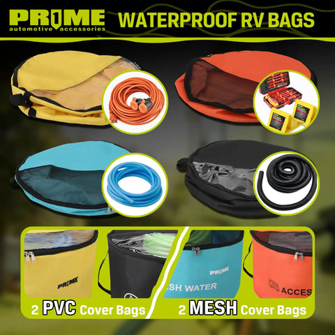 4 Pack Waterproof RV Hose Bag Storage Set With Two Way Zippers And Visible Cover, Easy Access Organizer For Sewer And Fresh Water Hoses Electrical Cords And Camper Accessories Color Coded Design in yellow, blue, black, and orange.