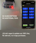 Bluetooth BLE OBD II Car Diagnostic Tool With Configurable Auto On Off next to smartphone showing app interface