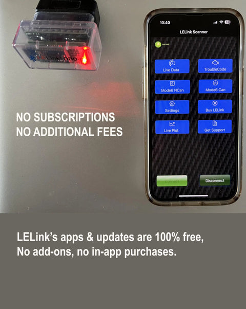 Bluetooth BLE OBD II Car Diagnostic Tool With Configurable Auto On Off next to smartphone showing app interface