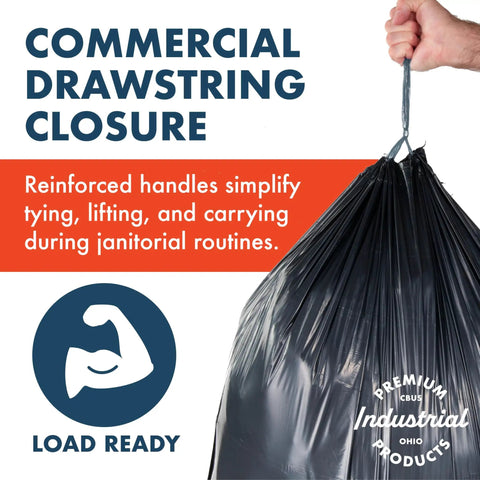 55 Gallon Heavy Duty Trash Bags With Drawstring Closure For Office Janitorial And Facility Use, Black Leak Resistant Waste Can Liners.