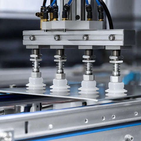 Industrial Suction Cup 8 Pack with Silicone Tips for Automation Equipment, Pneumatic Vacuum Gripper on assembly line.