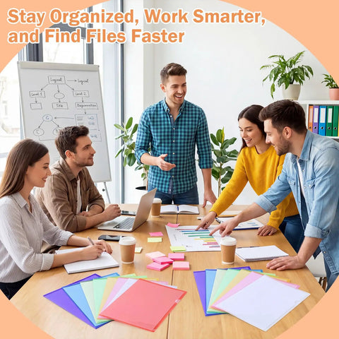 Team using 300 Pack Plastic Document Folders With Clear Pockets, Letter Size 8.7 By 12.2 Inches, A4 Assorted Color File Sleeves