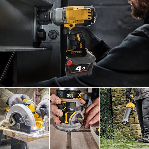 Milwaukee M18 18V To Dewalt 20V Max Battery Converter Adapter in use with cordless tools.