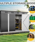 9x4 Outdoor Storage Shed With Windows And Lockable Double Doors Tough As Nails Steel Construction Sloped Roof Garden And Patio Organizer Large Backyard Tool Shed In Dark Gray showing multiple storage modes