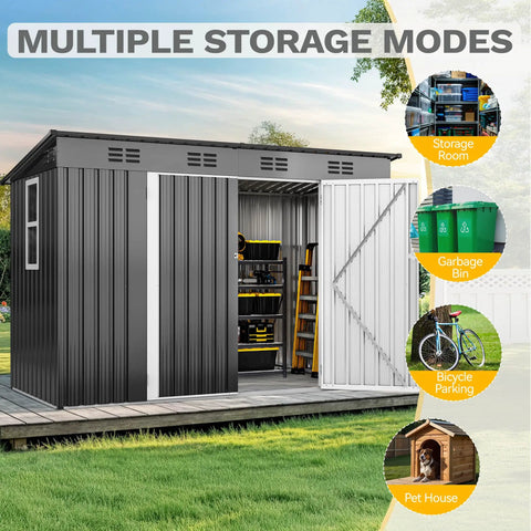 9x4 Outdoor Storage Shed With Windows And Lockable Double Doors Tough As Nails Steel Construction Sloped Roof Garden And Patio Organizer Large Backyard Tool Shed In Dark Gray showing multiple storage modes