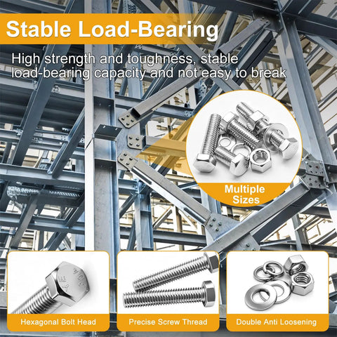 Hex Bolts And Nuts Kit 760-Piece Stainless Steel SAE Set with images of bolts, nuts, washers, and metal framework.
