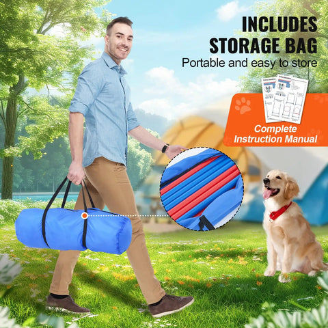 Person carrying blue storage bag for All In One Dog Agility Training Kit With 4 Adjustable Hurdles 6 Weave Poles Jump Ring Set